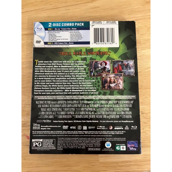 Disney's Alice In Wonderland Blu-Ray & DVD 2-Disc Combo Pack Tim Burton Movie - Picture 4 of 4